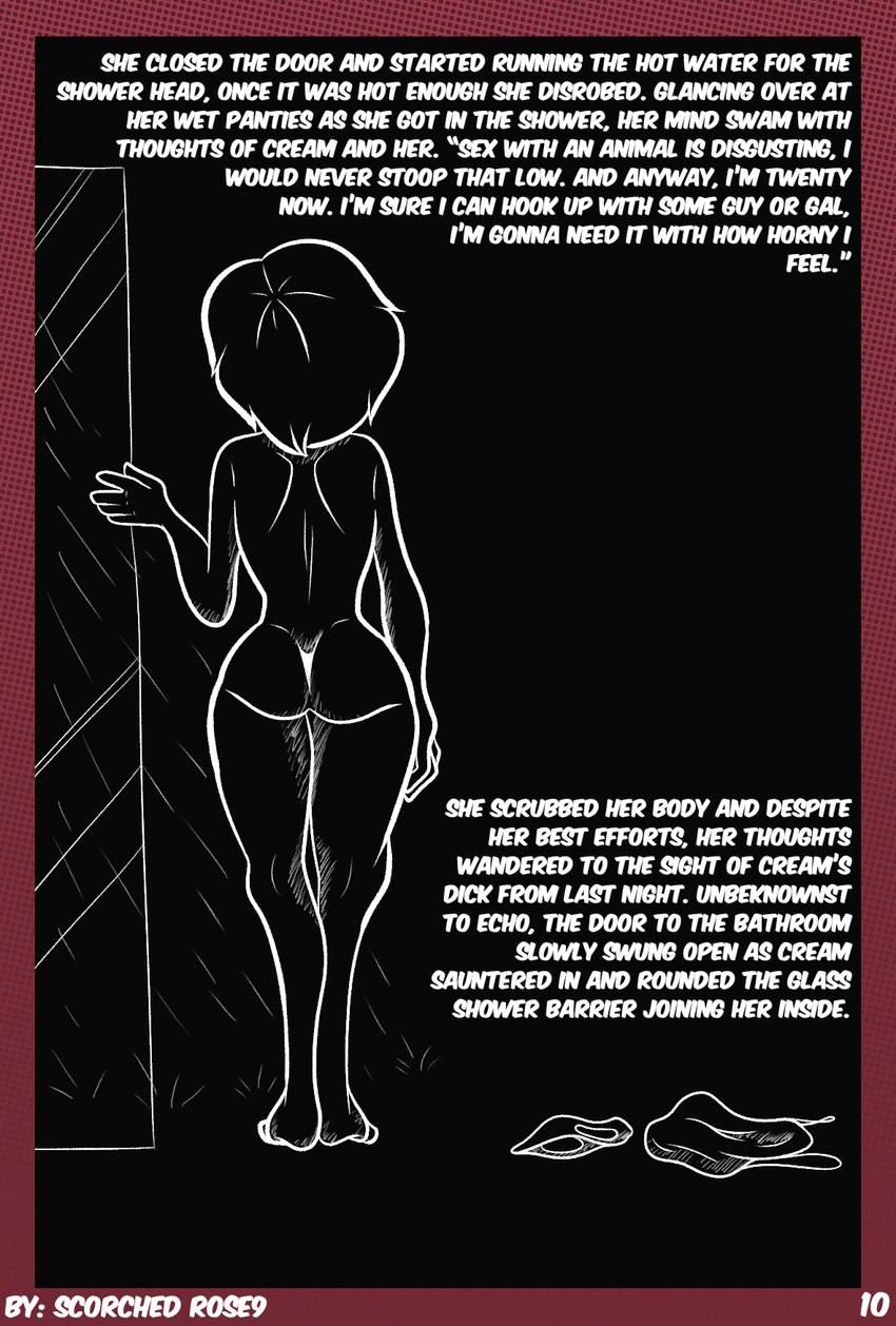 clothing clothing_aside dialogue discarded_clothing female nude shower solo story_in_picture text scorchedrose9 human mammal black_and_white english_text hi_res monochrome