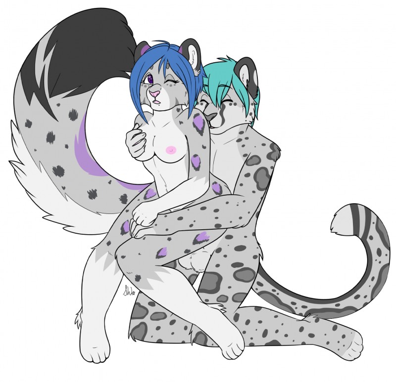 anthro anthro_on_anthro balls blue_hair breast_grab breasts duo female fur genitals hair hand_on_breast male male/female markings nude pussy sex spots spotted_body spotted_fur cheche sevrah felid mammal pantherine snow_leopard 2014 character_request hi_res