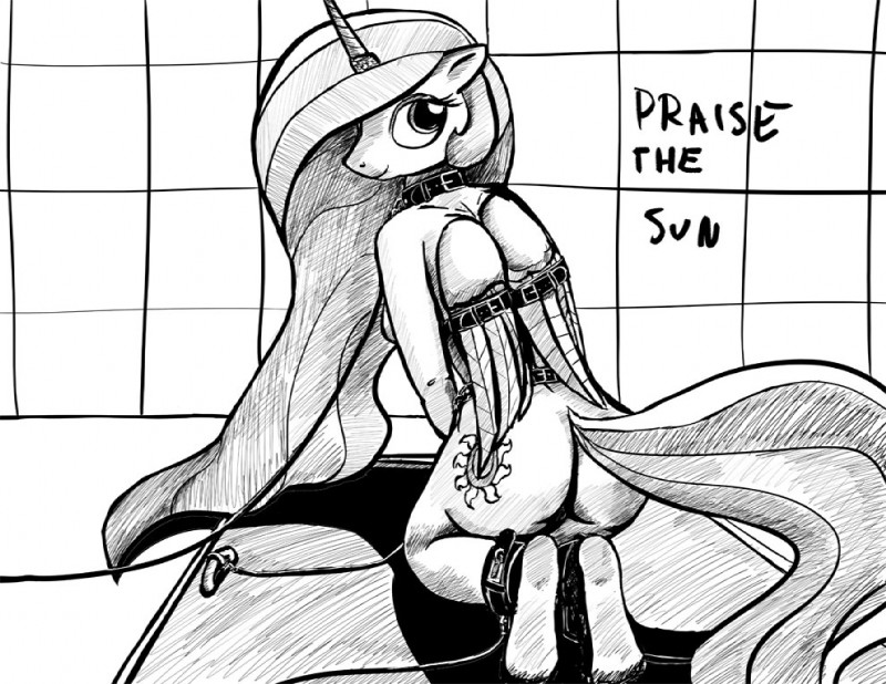 ankle_cuffs anthro bdsm bondage bound butt collar cuff_(restraint) cutie_mark female horn horn_jewelry horn_ring jewelry leash looking_back nude restraints ring_(jewelry) shackles solo submissive submissive_female wing_bindings warskunk_(artist) friendship_is_magic hasbro my_little_pony princess_celestia_(mlp) monochrome