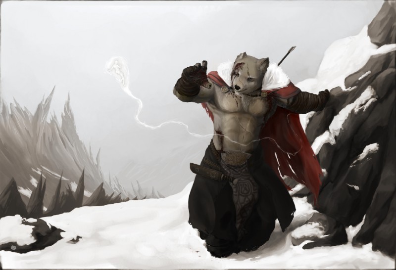 anthro barbarian blood bodily_fluids celtic clothed clothing desolate duo fur_trim_(clothing) male mountain nude outside sky snow solo_focus topless warrior wounded zekit tatters canid canine canis fairy mammal wolf