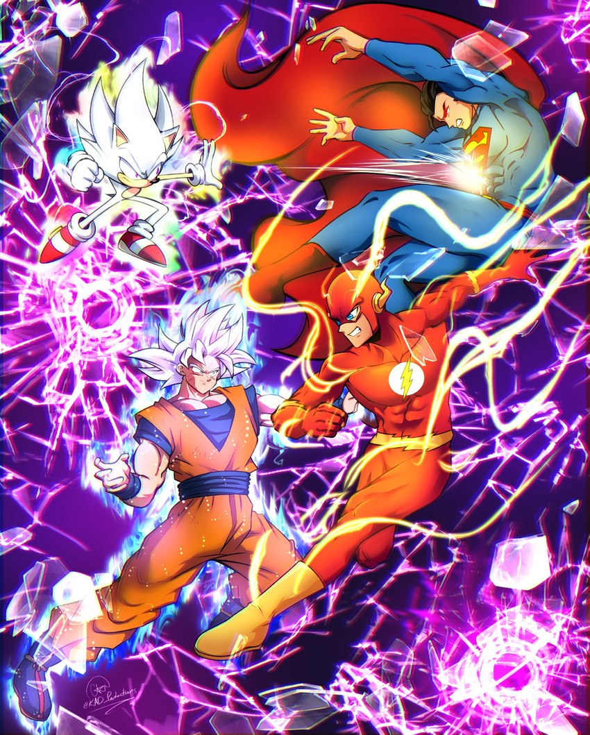 anthro group male superhero ultra_instinct kad_da_lad dc_comics dragon_ball dragon_ball_super sega sonic_the_hedgehog_(series) superman_(series) the_flash_(series) barry_allen_(dc) clark_kent goku hyper_sonic sonic_the_hedgehog superman the_flash eulipotyphlan hedgehog human humanoid mammal crossover hi_res