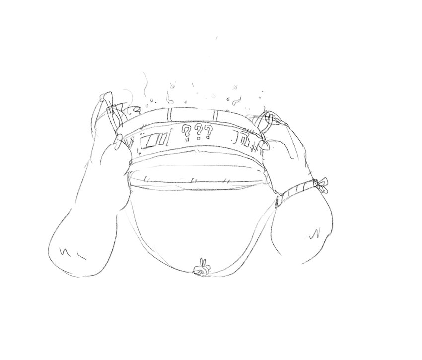 anthro bag claws disembodied_hand first_person_view fur holding_bag holding_object question_mark simple_background solo white_background wristwear shaibey bugsnax young_horses shaibey_(shaibey) grumpus 2022 digital_media_(artwork) hi_res monochrome procreate_(artwork) sketch nonbinary_(lore)