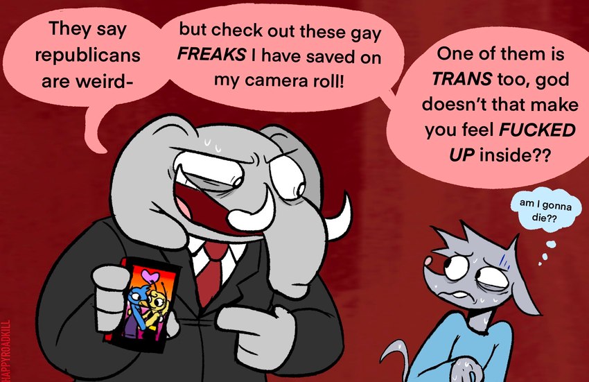 anthro bigotry bodily_fluids cellphone clothed clothing dialogue dress_shirt duo_focus electronics female frown fur gesture group hand_gesture heart_symbol holding_object homophobia humor jacket lesbian_pride_colors lgbt_pride long_sleeves male male_focus necktie nervous open_mouth phone pointing political_cartoon politics pride_colors profanity red_background screen shirt simple_background size_difference smartphone suit sweat text the_truth thought_bubble topwear transphobia trunk tuft tusks happyroadkill republican george_o._pillsburry milo_mouse republican_elephant arthropod avian bee bird elephant elephantid hymenopteran insect mammal mouse murid murine proboscidean rodent 2024 english_text hi_res trans_(lore)