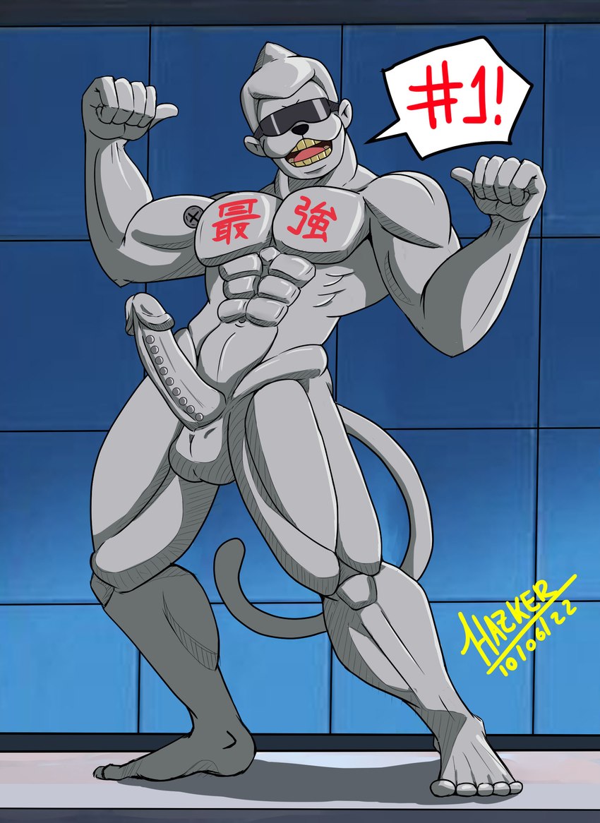 abs anthro erection eyewear genitals grey_body male metallic_body muscular muscular_anthro muscular_male penis solo sunglasses teeth text yellow_teeth hazker bandai_namco digimon digimon_(species) haplorhine mammal metaletemon monkey primate absurd_res hi_res