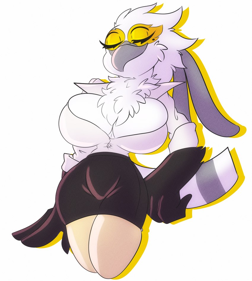 anthro beak big_breasts bottomwear breasts chest_tuft clothed clothing eyes_closed female furgonomics inner_boob markings mole_(marking) non-mammal_breasts office_lady pencil_skirt skirt solo tail tail_through_skirt tuft solratic aggretsuko sanrio secretary_washimi accipitriform avian bird secretary_bird hi_res