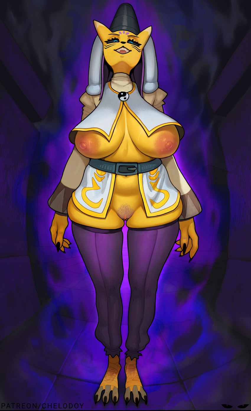 anthro areola barefoot biped black_nose blue_eyes breasts clothing feet female fingers front_view genitals nipples open_mouth purple_background pussy simple_background solo standing teeth text yellow_body chelodoy bandai_namco digimon patreon digimon_(species) taomon 2025 hi_res url