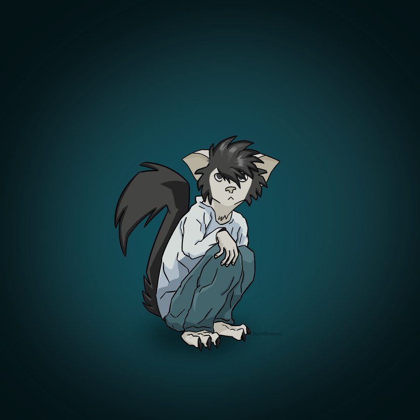 alternate_species anthro black_eyes black_hair black_tail bottomwear claws clothing crouching furrification hair looking_at_viewer male pants simple_background solo tail borndivicorn death_note l_(death_note) aye-aye lemur mammal primate strepsirrhine 1:1 hi_res