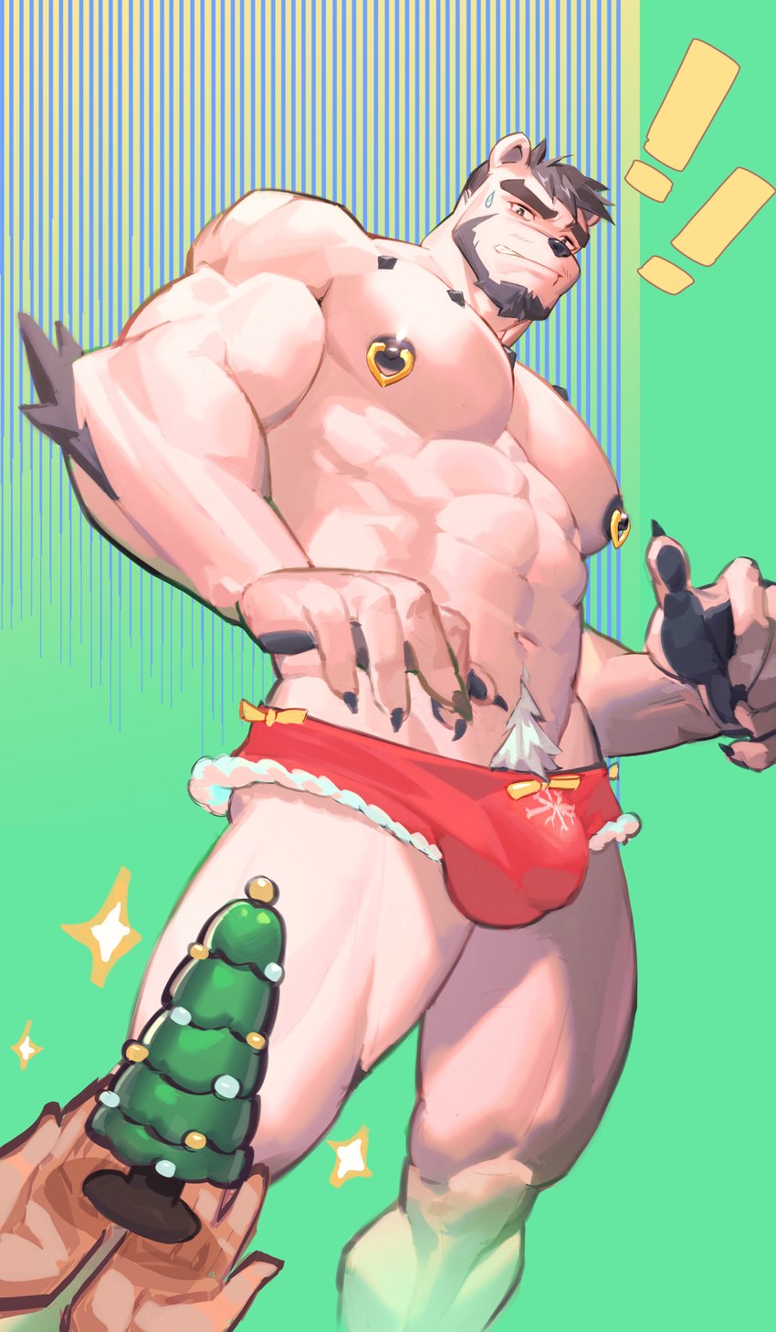 abs anthro arm_tuft beard biceps black_hair black_nipples black_pawpads bodily_fluids body_hair bulge chest_gem christmas_tree claws clothed clothing confusion deltoids elbow_tuft facial_hair finger_claws fur fur_lined_clothing gem gift hair happy_trail holding_gift holding_object holidays male muscular muscular_anthro muscular_arms muscular_legs muscular_male muscular_thighs navel nipple_piercing nipple_ring nipples pawpads pecs piercing plant presenting_gift pubes red_clothing red_underwear ring_piercing solo sweat sweatdrop tree tuft underwear underwear_only white_body white_fur white_hair baimeme1 christmas rayther_dawn bear mammal polar_bear ursine 2023 absurd_res hi_res