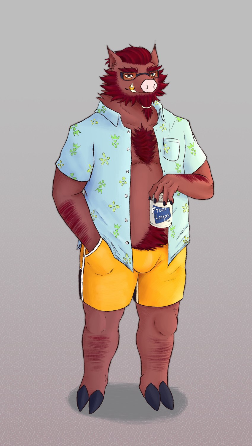 anthro bulge clothed clothing eyewear glasses humanoid_hands male open_clothing open_shirt open_topwear shirt simple_background slightly_chubby solo swimwear topwear marsze5 password_(visual_novel) oswin_(password) mammal suid suine sus_(pig) wild_boar 2021 absurd_res hi_res