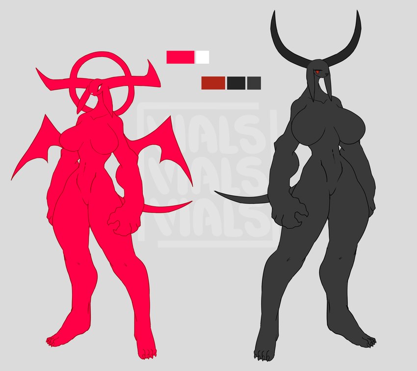 anthro black_body breasts duo featureless_breasts featureless_crotch female horn looking_at_viewer membrane_(anatomy) membranous_wings nude plantigrade red_body red_eyes small_head standing tail wings freebird11 dial_(freebird11) jack_(freebird11) mammal vial_(species) 2021 absurd_res hi_res