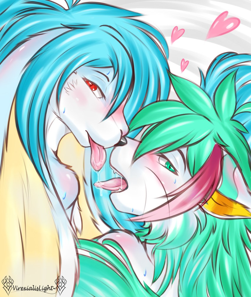 anthro blue_hair blush bodily_fluids body_blush dripping duo femboy fur green_eyes green_hair hair heart_symbol implied_kiss looking_at_viewer male male/male red_eyes romantic saliva saliva_drip saliva_on_tongue saliva_string simple_background tongue tongue_out white_body white_fur virexialislight astral_(virexialislight) nathan_(virexialislight) artic_hare felid feline hare hybrid lagomorph leporid lynx mammal rabbit hi_res