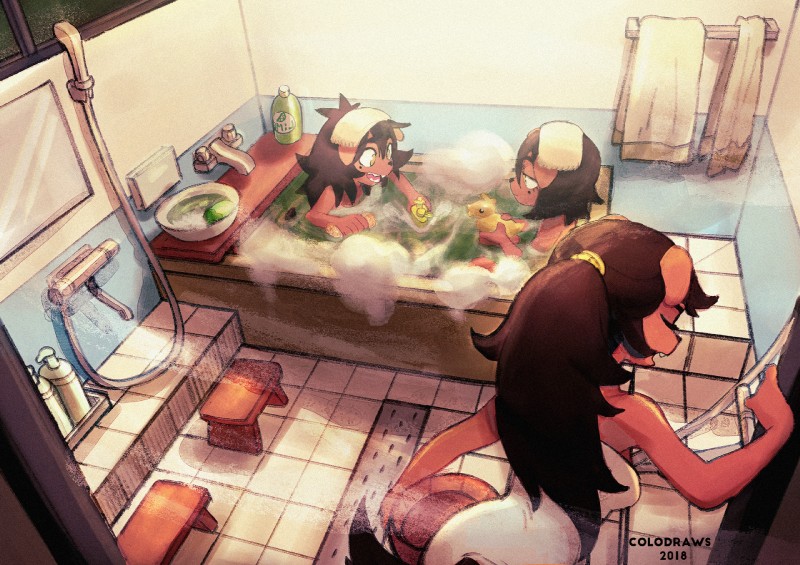 anthro bath black_hair clothed clothing dress female furniture group hair half-closed_eyes long_hair male mature_anthro mature_female narrowed_eyes open_mouth open_smile smile stool teeth towel trio yellow_eyes colo emiru_taichou_(colo) yellow_fangs_(colo) canid canine canis domestic_dog mammal 2018 hi_res brother_(lore) mother_(lore) parent_(lore) sibling_(lore) sister_(lore) son_(lore)