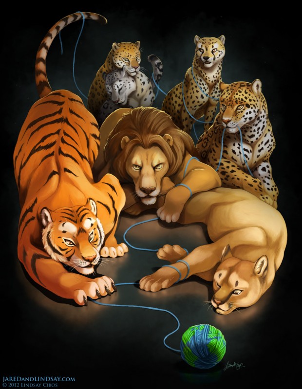 ambiguous_gender feral globe group text yarn lindsay_cibos cheetah cougar felid feline jaguar leopard lion mammal pantherine snow_leopard tiger 2012 hi_res url