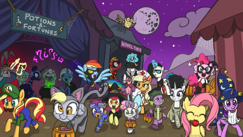 apple clothing costume detailed_background eyewear fangs female feral food fruit goggles group hat headgear headwear horn large_group moon plant tail teeth wizard_hat burning-heart-brony batman_(series) bride_of_frankestein_(film) dc_comics disney equestria_girls friendship_is_magic hasbro mario_bros my_little_pony mythology nintendo pixar the_incredibles apple_bloom_(mlp) applejack_(mlp) big_macintosh_(mlp) bob_parr bride_of_frankenstein derpy_hooves_(mlp) flutterbat_(mlp) fluttershy_(mlp) frankenstein harley_quinn luigi lyra_heartstrings_(mlp) nightmare_moon_(mlp) octavia_(mlp) owlowiscious_(mlp) pinkie_pie_(mlp) princess_celestia_(mlp) princess_luna_(mlp) princess_peach rainbow_dash_(mlp) rarity_(mlp) spike_(mlp) starswirl_the_bearded_(mlp) sunset_shimmer_(eg) sweetie_belle_(mlp) trixie_(mlp) vinyl_scratch_(mlp) zecora_(mlp) arachnid arthropod avian bird domestic_cat dragon equid equine felid feline felis mammal mythological_creature mythological_equine mythological_scalie owl scalie spider unicorn 16:9 2016 crossover hi_res widescreen brother_(lore) brother_and_sister_(lore) sibling_(lore) sister_(lore) sisters_(lore)