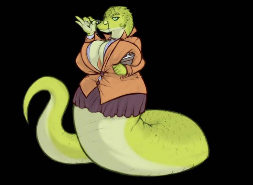 apode big_breasts bottomwear breasts cleavage clothed clothing female huge_breasts legless non-mammal_breasts serpentine skirt sosig split_form suit teacher draconcopode lamia naga reptile scalie snake noodle_(disambiguation) absurd_res alpha_channel hi_res