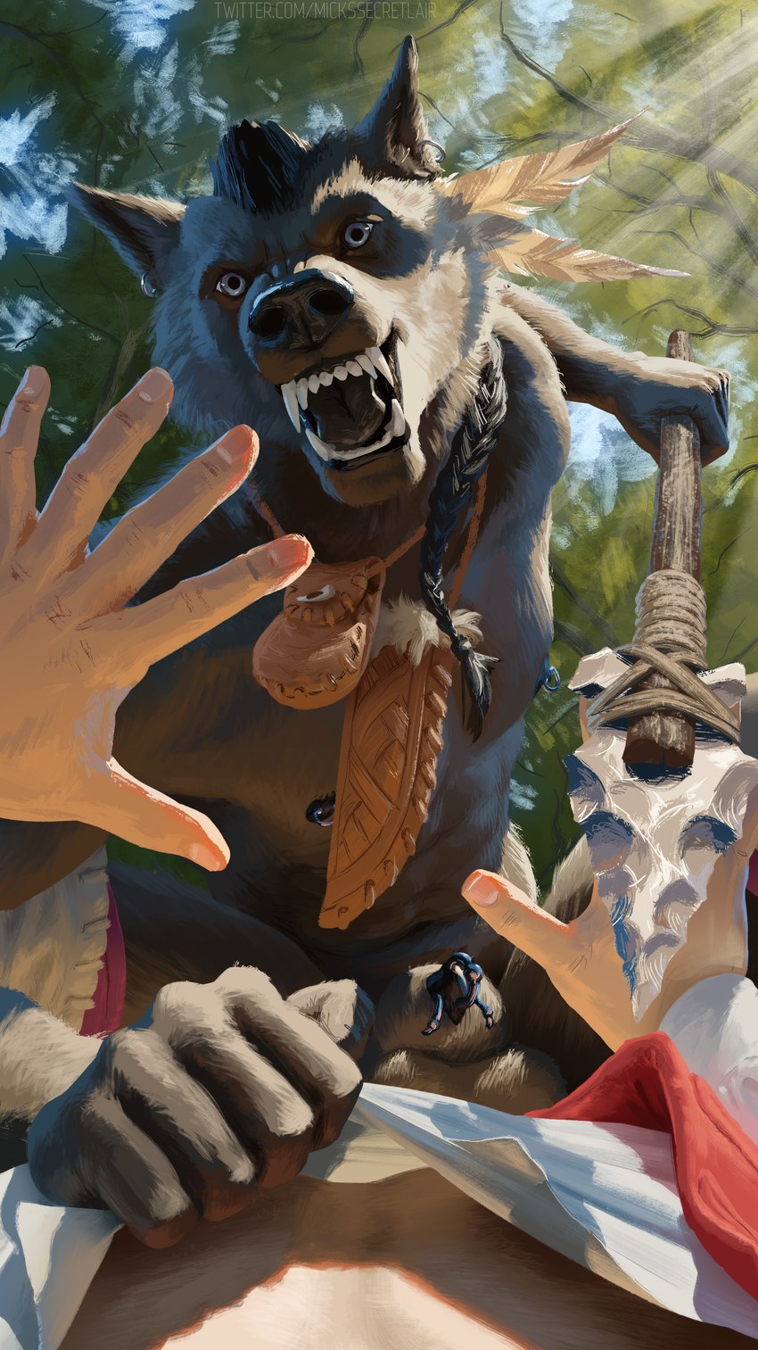 5_fingers animal_genitalia anthro balls duo fangs fingers first_person_view fur furgonomics furry-specific_piercing genital_piercing genitals lipsticking looking_at_viewer male melee_weapon open_mouth outside piercing polearm sheath sheath_piercing spear teeth tribal weapon mickey_the_retriever smokepaw canid canine canis human mammal wolf absurd_res digital_drawing_(artwork) digital_media_(artwork) hi_res