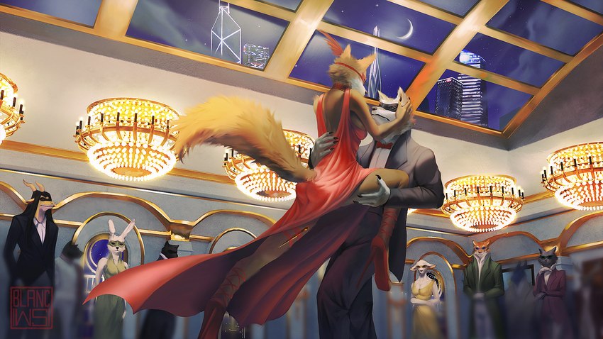 anthro ballroom chandelier city cityscape classy clothing dagger dancewear dancing dress evening_gown fancy_clothing female group male mask masquerade_mask melee_weapon necktie skylight suit weapon blancws legend_of_ahya murana_wolford_(darkflame-wolf) antelope bovid canid canine canis domestic_cat felid feline felis lagomorph leporid mammal pantherine rabbit tiger wolf 16:9 hi_res widescreen