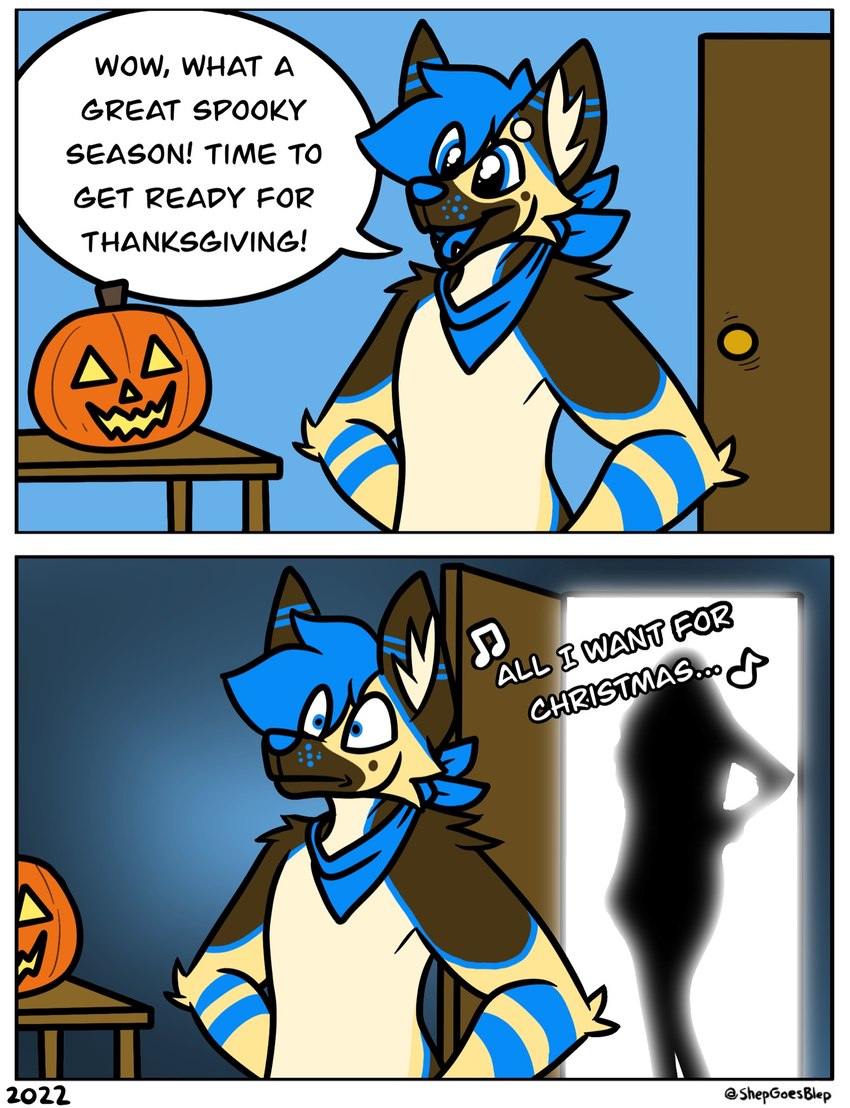 2_panel_comic anthro arm_tuft blue_hair blue_pupils blue_tongue brown_body brown_fur dialogue duo elbow_tuft facial_tuft female food fruit fur fur_markings furniture hair holidays humor inner_ear_fluff jack-o'-lantern male markings musical_note musical_symbol open_mouth plant pumpkin pupils shoulder_tuft surprise symbol table tan_body tan_fur text tongue tuft shepgoesblep halloween mariah_carey shep_(shepgoesblep) canid canine canis domestic_dog german_shepherd herding_dog human mammal pastoral_dog 2022 comic english_text hi_res