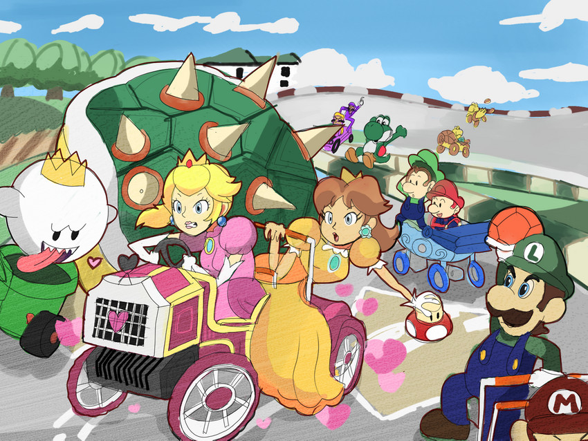 anthro baby blonde_hair blue_eyes bowser's_shell brown_hair car clothing crown dress ear_piercing ear_ring facial_hair fangs female fungus green_body green_skin group hair hat headgear headwear heart_symbol human_focus inside_car inside_vehicle kart king koopa_shell long_tongue male mushroom mustache open_mouth piercing ponytail princess race race_car red_shell ring_piercing royalty shell stroller super_mushroom teeth text text_on_clothing text_on_hat text_on_headwear tongue turtle_shell vehicle white_body white_skin wings young retrorobosan luigi's_mansion mario_bros mario_kart mario_kart:_double_dash!! nintendo baby_luigi baby_mario king_boo luigi mario princess_daisy princess_peach waluigi wario boo_(mario) ghost green_yoshi human koopa koopa_paratroopa koopa_troopa mammal scalie spirit yoshi 4:3 brother_(lore) brothers_(lore) sibling_(lore) twins_(lore)