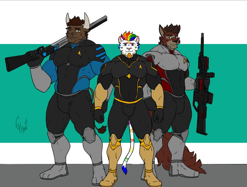 anthro bulge clothing group gun male muscular ranged_weapon smile suit trio weapon hunterramirez star_trek feran_blackridge xi_silverwind bovid bovine canid canine canis cattle domestic_cat felid feline felis fox mammal pantherine tiger wolf