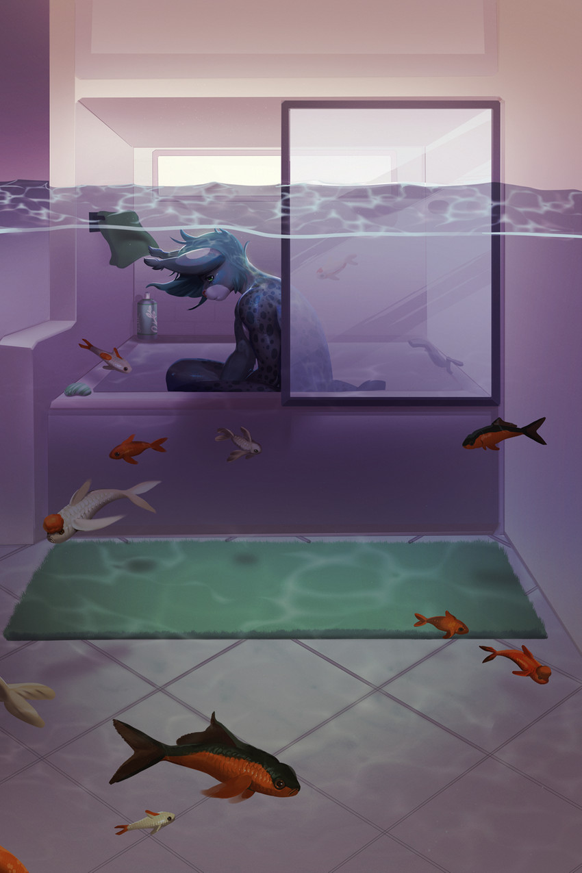 ambient ambiguous_gender anthro bath bathroom blue_body blue_fur feral fully_submerged fur group large_group male refraction sitting surrealism water waterline_view arh mood vincent_lynx canada_lynx felid feline fish lynx mammal marine 2:3 hi_res