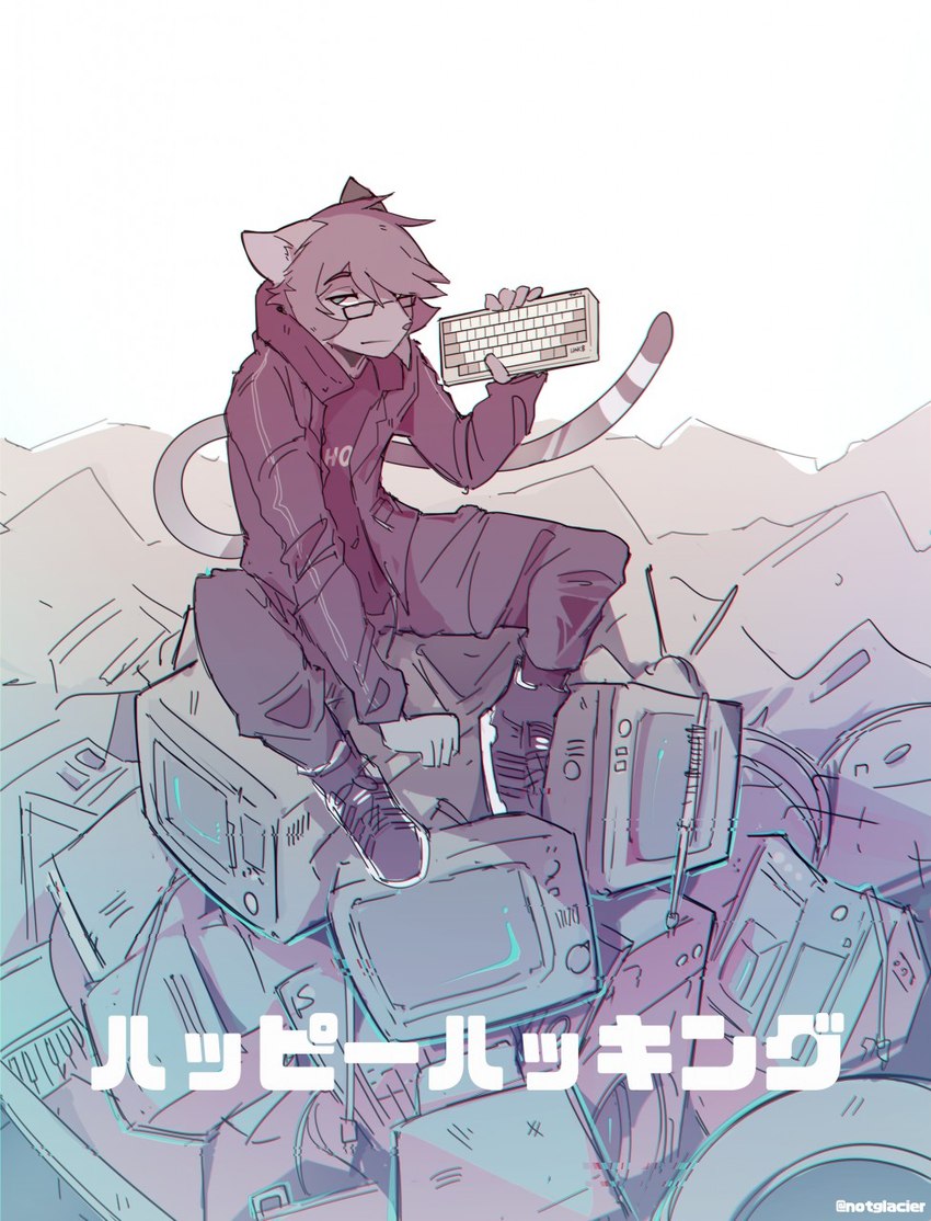 anthro bottomwear clothed clothing computer_keyboard computer_monitor crt crt_monitor eyewear footwear glasses jacket male pants shoes sitting solo tail text topwear notglacier happy_hacking_keyboard silvermist_(notglacier) domestic_cat felid feline felis mammal 2017 digital_drawing_(artwork) digital_media_(artwork) hi_res japanese_text