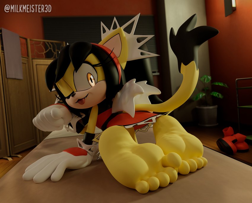 5_toes all_fours anthro black_hair blep clothing dipstick_tail dress feet female foot_focus fur gloves hair handwear humanoid_feet looking_back markings one_eye_closed paw_pose plantigrade pose soles solo tail tail_markings toes tongue tongue_out wink yellow_body yellow_eyes yellow_fur milkmeister3d sega sonic_the_fighters sonic_the_hedgehog_(series) honey_the_cat domestic_cat felid feline felis mammal 2023 3d_(artwork) absurd_res digital_media_(artwork) hi_res