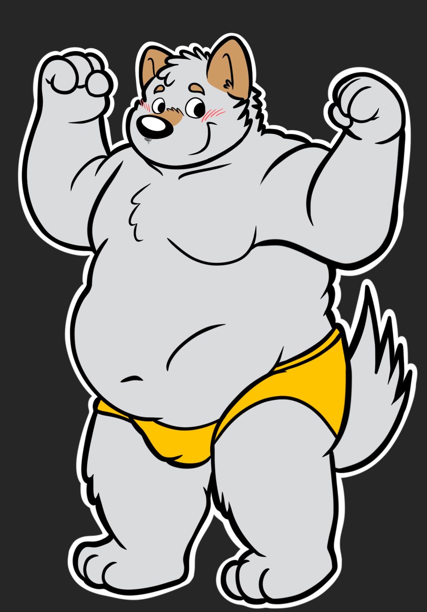 anthro belly big_belly black_nose blush bulge clothing grey_body humanoid_hands male moobs overweight overweight_male simple_background solo underwear yellow_clothing yellow_underwear jakegr bod canid canine canis domestic_dog mammal 2022 hi_res