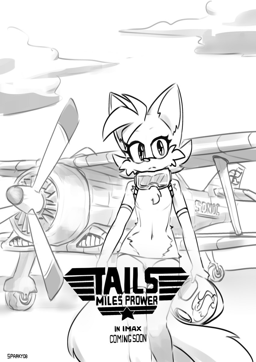 anthro armor armwear biplane clothing elbow_gloves eyewear femboy footwear gloves goggles handwear headgear helmet holding_object legwear looking_at_viewer male movie_poster panties poster poster_template socks solo text thigh_highs thigh_socks title underwear sparkydb sega sonic_the_hedgehog_(series) top_gun top_gun:_maverick miles_prower canid canine fox mammal absurd_res english_text hi_res monochrome sketch