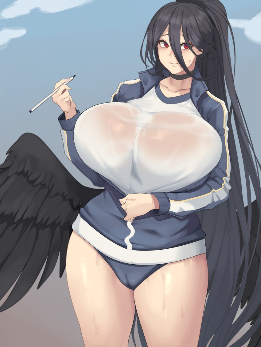 big_breasts black_hair bodily_fluids breasts female hair huge_breasts red_eyes solo sweat wings metalowl blue_archive hasumi_(blue_archive) humanoid winged_humanoid 3:4 hi_res