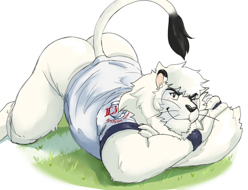 anthro ass_up black_nose blush bottomless butt clothed clothing crossed_arms fur grass jersey looking_at_viewer male mane mascot on_ground one_eye_closed plant raised_tail shirt simple_background smile solo tail tail_tuft topwear tuft whiskers white_background white_body white_clothing white_fur white_mane white_shirt white_topwear wink beastsauc3 nippon_professional_baseball saitama_seibu_lions leo_(saitama_seibu_lions) felid lion mammal pantherine