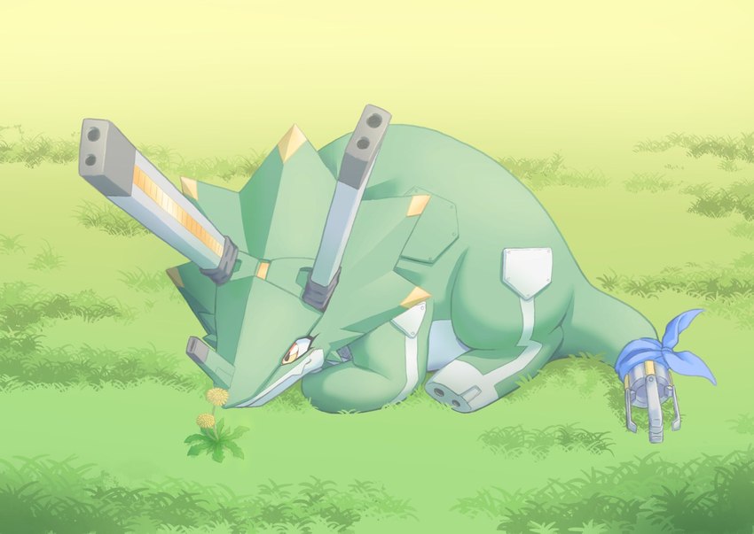 ambiguous_gender dandelion day detailed_background feral flower grass green_body outside plant quadruped railgun ranged_weapon weapon yellow_eyes sansyonoki64 bandai_namco digimon digimon_ghost_game digimon_(species) wezengammamon hi_res