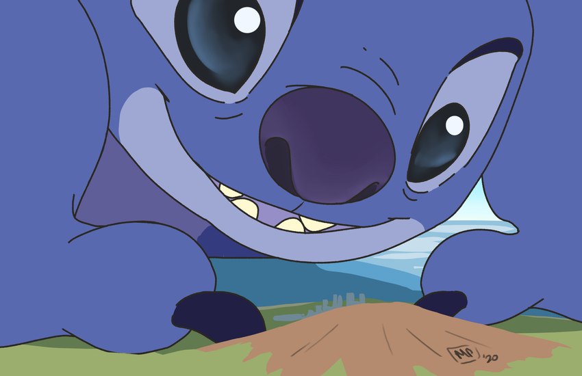 black_eyes blue_body blue_claws blue_nose city claws hill landscape_dwarfing looking_down macro open_mouth open_smile outside purple_mouth smile solo maxpany disney lilo_and_stitch stitch_(lilo_and_stitch) alien experiment_(lilo_and_stitch) 2020 absurd_res digital_drawing_(artwork) digital_media_(artwork) hi_res