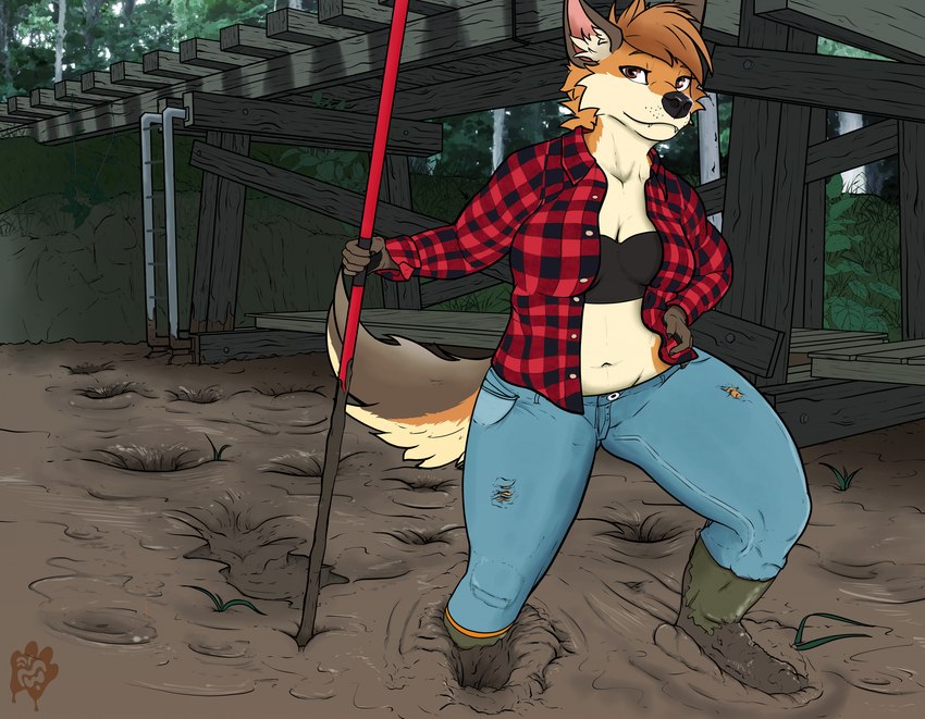 anthro boots bottomwear breasts brown_body brown_eyes brown_fur clothing denim denim_bottomwear denim_clothing female footwear fur hand_on_hip inner_ear_fluff jeans midriff mud navel outside pants shirt shoes solo tan_body tan_fur topwear tuft unbuttoned_shirt mudwuff canid canine canis coyote mammal 2024 absurd_res hi_res