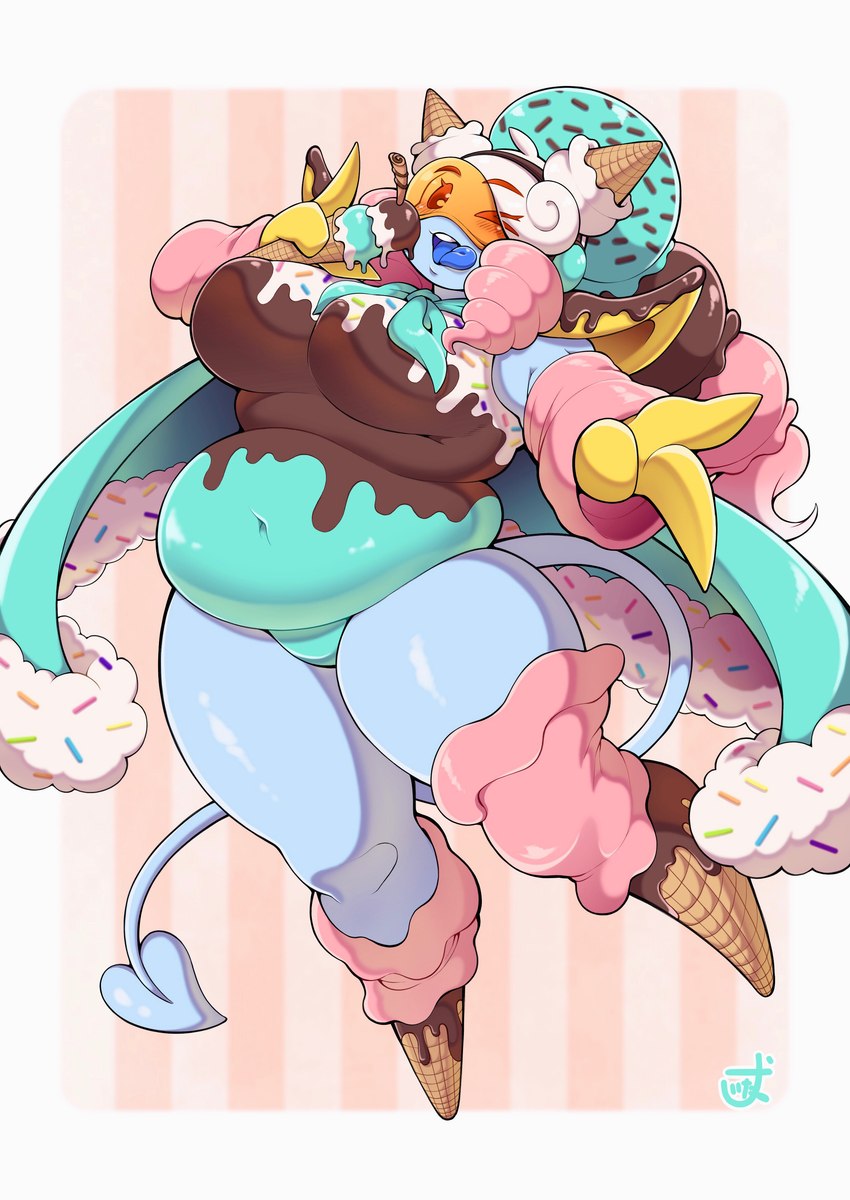 belly big_breasts blue_body blue_skin blue_tongue breasts cape clothed clothing curled_hair curvy_figure dessert eating eyewear fat_rolls female food goggles hair horn huge_breasts ice_cream leggings legwear looking_at_viewer navel one_eye_closed overweight ponytail simple_background slightly_chubby solo spade_tail sprinkles sprinkles_on_breasts sprinkles_on_cape sprinkles_on_clothing supervillain tail thick_thighs tight_clothing tongue tongue_out voluptuous wide_hips wink nzuuure asian_mythology east_asian_mythology japanese_mythology mythology yokai_love_you! coni_(blargen69) demon demon_humanoid food_creature humanoid oni yokai absurd_res hi_res