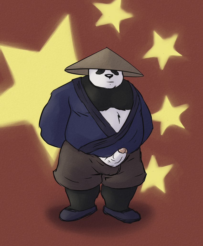 anthro black_body black_fur black_nose clothed clothing erection fur hat headgear headwear male overweight overweight_anthro overweight_male solo white_body white_fur caesarcub bear giant_panda mammal