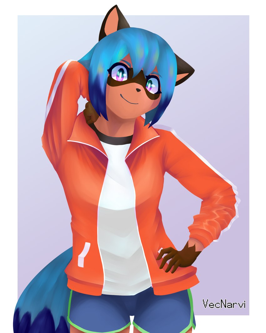 anthro athletic_wear blue_body blue_fur blue_hair bottomwear brown_body brown_fur clothed clothing dolphin_shorts facial_markings female fur gloves_(marking) gradient_background gym_bottomwear gym_shorts hair hand_on_hip hand_on_leg head_markings jacket looking_at_viewer markings mask_(marking) multicolored_body multicolored_eyes multicolored_fur multicolored_hair shorts simple_background solo topwear track_jacket vecnarvi brand_new_animal studio_trigger michiru_kagemori canid canine mammal raccoon_dog tanuki 4:5 absurd_res digital_media_(artwork) hi_res