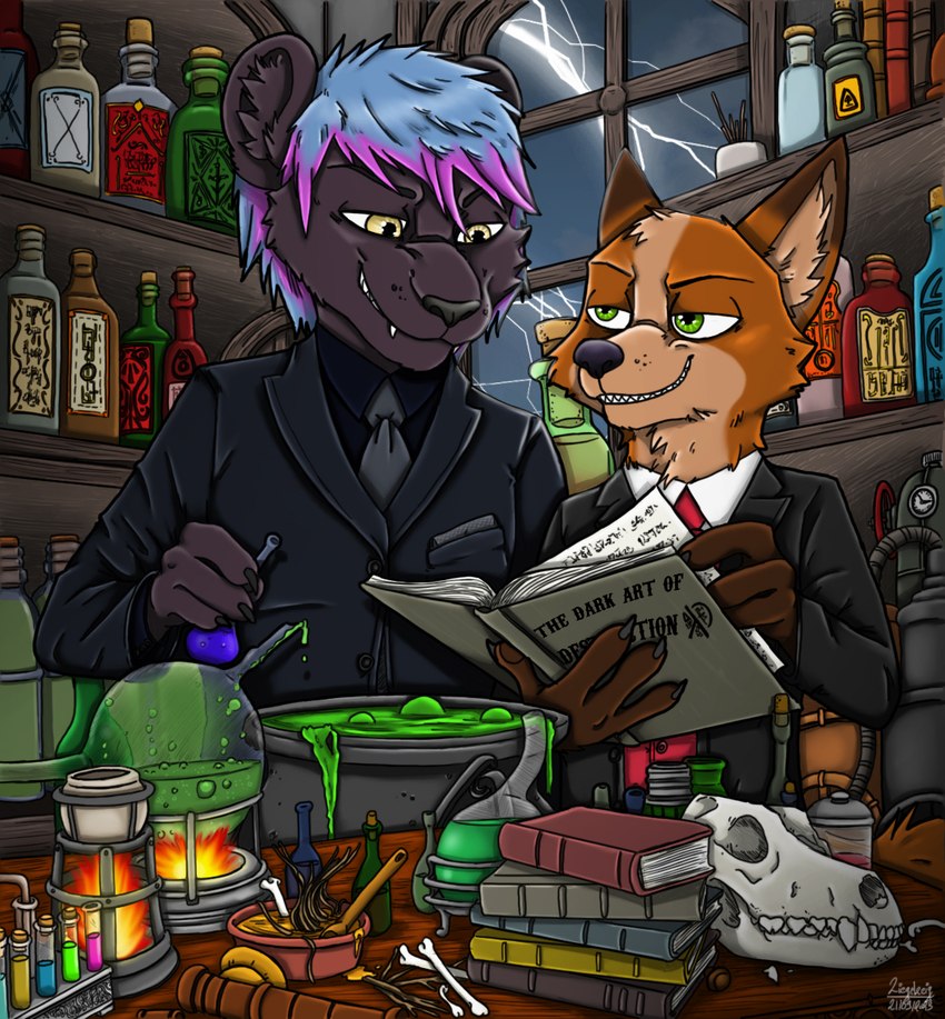 anthro black_body black_fur bone book brown_body brown_fur cauldron duo fur green_eyes grin male night potion potion_bottle skull smile tan_body tan_fur teeth thunder window yellow_eyes ziegelzeig dusty_foxwood_(dusty0071) syles_(fursona) canid canine felid fox mammal pantherine 2024 hi_res