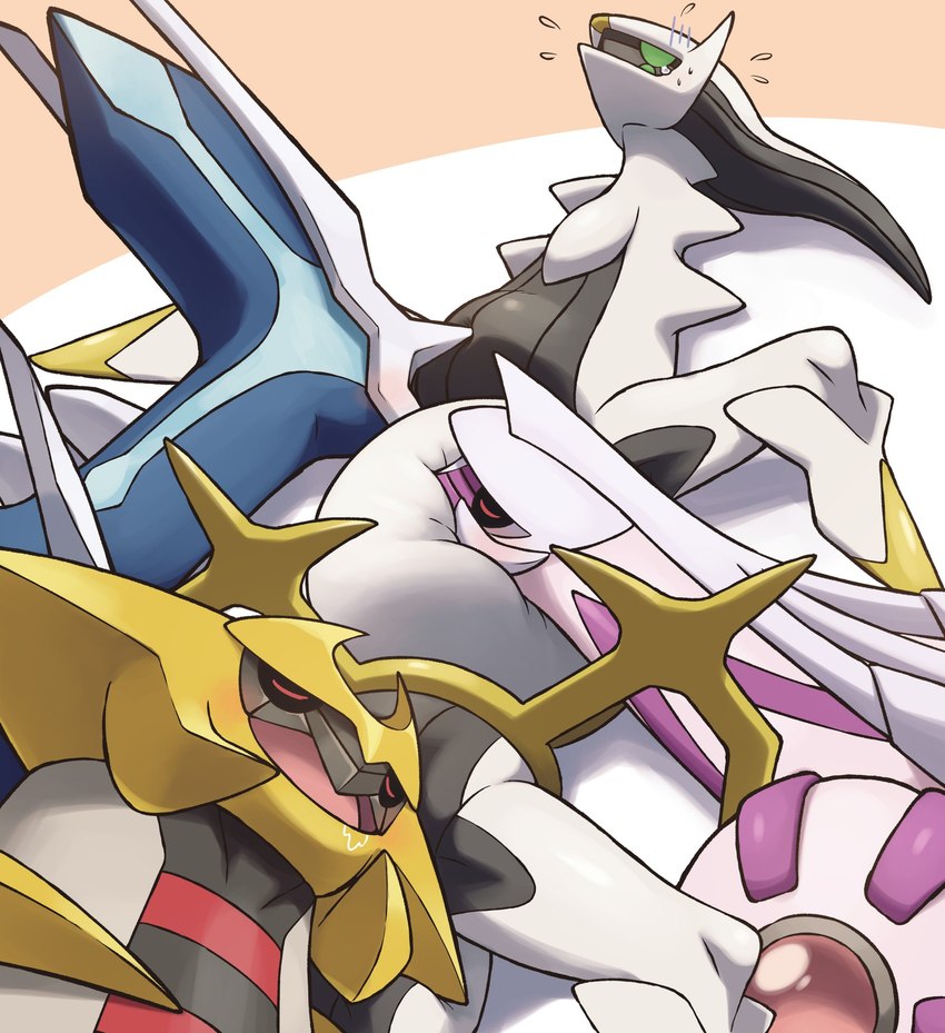 belly big_belly blue_body blush bodily_fluids cuddling drooling eyes_closed feral group head_on_belly lying lying_on_another on_back on_front saliva simple_background size_difference sweat sweatdrop white_body on_ice_(artist) nintendo pokemon altered_forme_giratina arceus dialga generation_4_pokemon giratina legendary_pokemon palkia pokemon_(species) 2020 hi_res