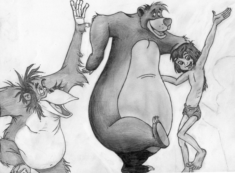 claws clothed clothing dancing fur group hair looking_at_viewer male simple_background slightly_chubby topless alin_raven disney the_jungle_book baloo king_louie mowgli ape bear haplorhine human mammal orangutan primate sloth_bear ursine graphite_(artwork) greyscale hi_res monochrome traditional_media_(artwork)