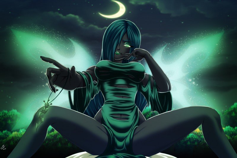 alternate_species big_breasts breasts clothing dress female humanoidized moon night solo spread_legs spreading wings mauroz friendship_is_magic hasbro my_little_pony queen_chrysalis_(mlp) humanoid winged_humanoid absurd_res hi_res