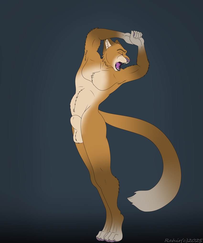 animal_genitalia anthro balls eyes_closed genitals male open_mouth sheath solo standing tail yawn rahir felid feline mammal 5:6 hi_res