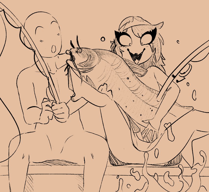 5_fingers anthro beanie clothing duo eyelashes female fingers fishing fishing_rod front_view hair hat headgear headwear long_hair male open_mouth open_smile sitting smile papayathebun helluva_boss anon octavia_(helluva_boss) avian bird catfish demon fish human mammal marine owl owl_demon 2025 monochrome sketch