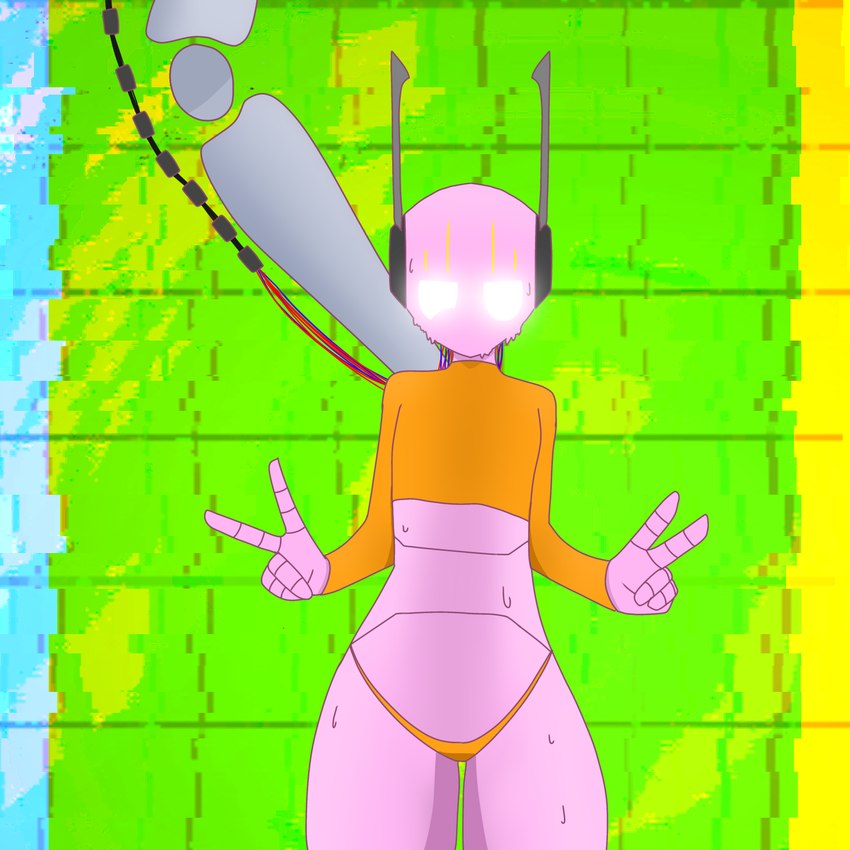 ambiguous_gender bodily_fluids bright_background clothed clothing glowing glowing_eyes looking_at_viewer machine pink_body pink_skin pose skimpy solo sweat wide_hips inschaal rain_world videocult five_pebbles_(rain_world) humanoid iterator_(rain_world) robot robot_humanoid 1:1 hi_res