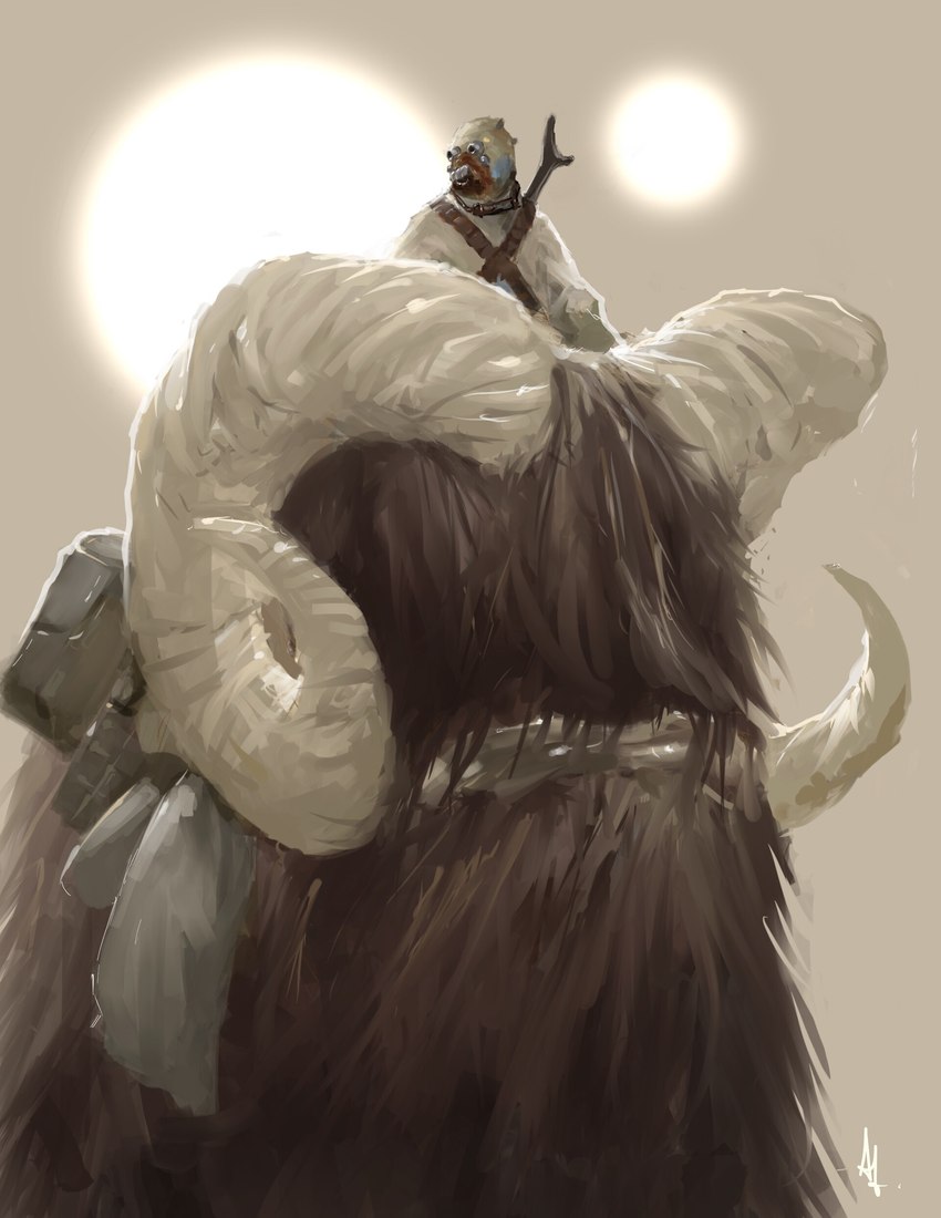 ambiguous_gender brown_body brown_fur duo fur horn science_fiction sun tatooine weapon alex_lopez star_wars bantha_(species) humanoid tusken_raider absurd_res digital_media_(artwork) hi_res procreate_(artwork)