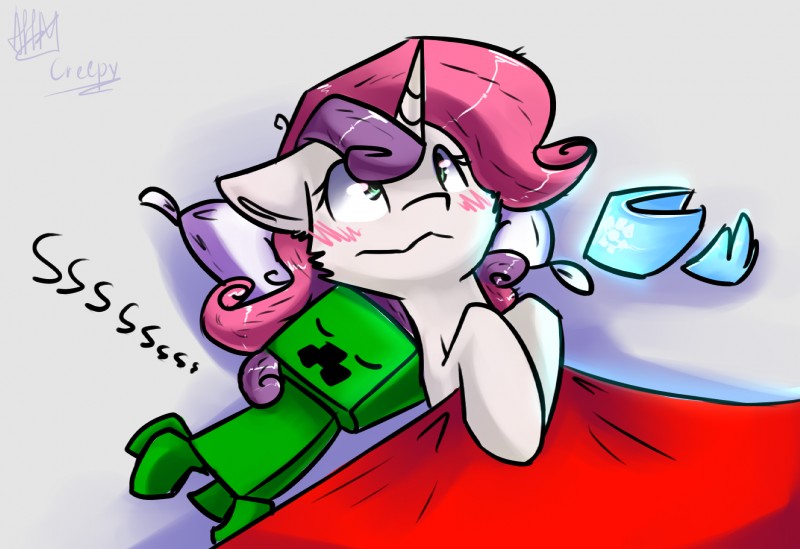 ambiguous_gender bedding blanket duo female feral green_eyes hair hooves horn lying simple_background sleeping white_background suplolnope don't_mine_at_night friendship_is_magic hasbro microsoft minecraft mojang my_little_pony mythology xbox_game_studios sweetie_belle_(mlp) creeper_(minecraft) equid equine mammal mythological_creature mythological_equine unicorn hi_res