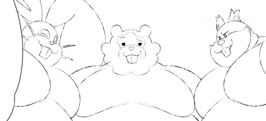 anthro big_pecs group looking_at_viewer male overweight overweight_anthro overweight_male pecs trio conditional_dnp erobos nintendo pokemon bidoof diggersby generation_4_pokemon generation_6_pokemon generation_8_pokemon greedent mammal pokemon_(species) hi_res monochrome sketch