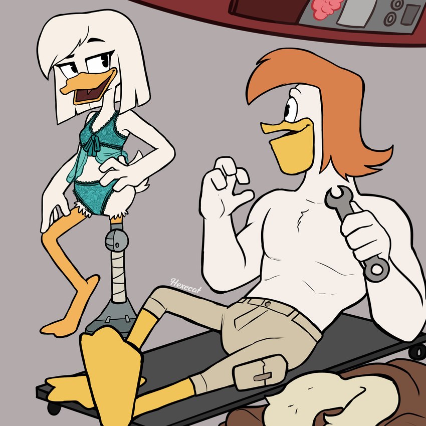 anthro clothing duo female lingerie male prosthetic skimpy_swimwear hexecat disney ducktales ducktales_(2017) della_duck launchpad_mcquack anatid anseriform avian bird duck absurd_res hi_res