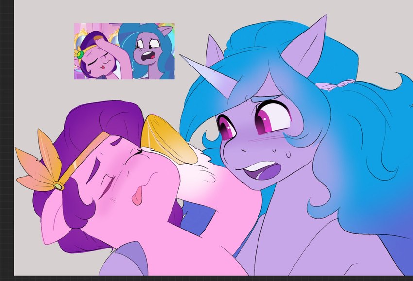 blue_hair duo fainting female feral gradient_hair hair headpiece holding_character hooves leg_markings markings socks_(marking) tongue tongue_out aztrial hasbro mlp_g5 my_little_pony izzy_moonbow_(mlp) pipp_petals_(mlp) equid equine mammal hi_res redraw