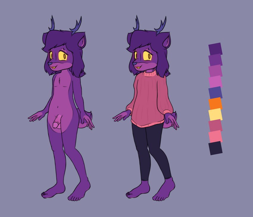 5_fingers 5_toes anthro barefoot clothing countershading feet femboy fingers fur hair leggings legwear male nude purple_body purple_fur purple_hair solo sweater toes topwear yellow_eyes haitbe hatie deer mammal absurd_res hi_res model_sheet